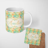Personalized Custom Name Geometric Pastel Leaf Tile Seamless Pattern Modern Botanical Design 11oz Ceramic Coffee Tea Mug White Large Handle