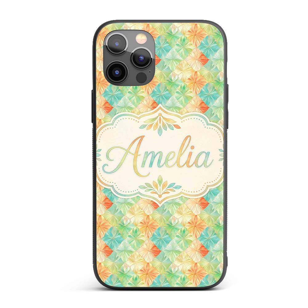 Geometric Pastel Leaf Tile Decorative Design Custom Name Protective Phone Case Mobile Cover Durable Everyday Smartphone Shock Resistant