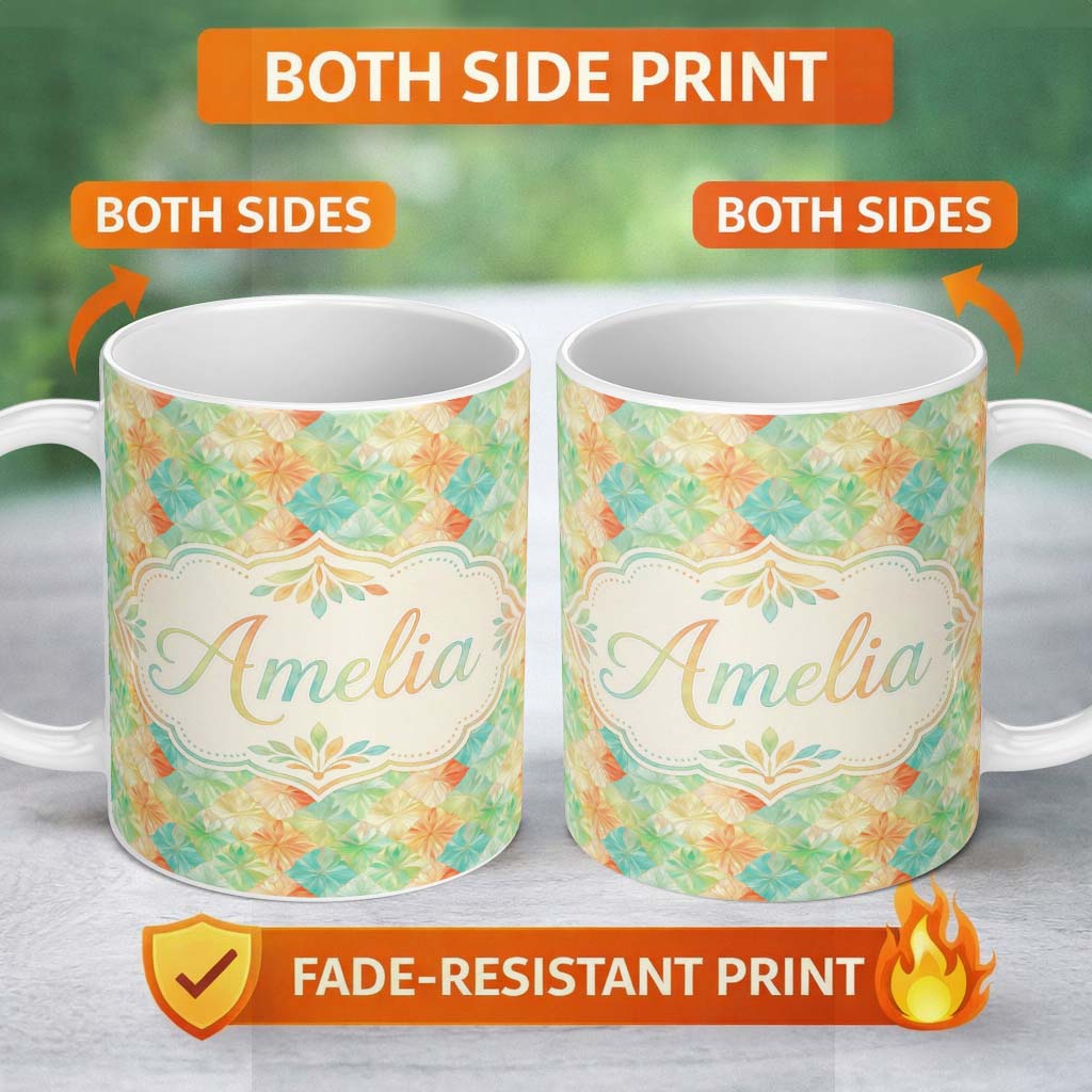 Personalized Custom Name Geometric Pastel Leaf Tile Seamless Pattern Modern Botanical Design 11oz Ceramic Coffee Tea Mug White Large Handle