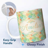 Personalized Custom Name Geometric Pastel Leaf Tile Seamless Pattern Modern Botanical Design 11oz Ceramic Coffee Tea Mug White Large Handle