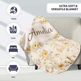 Soft Neutral Floral Botanical Seamless Pattern Beautiful Coffee Cup  Personalised Custom Name Super Soft Fleece Blanket Bed Sofa Throw