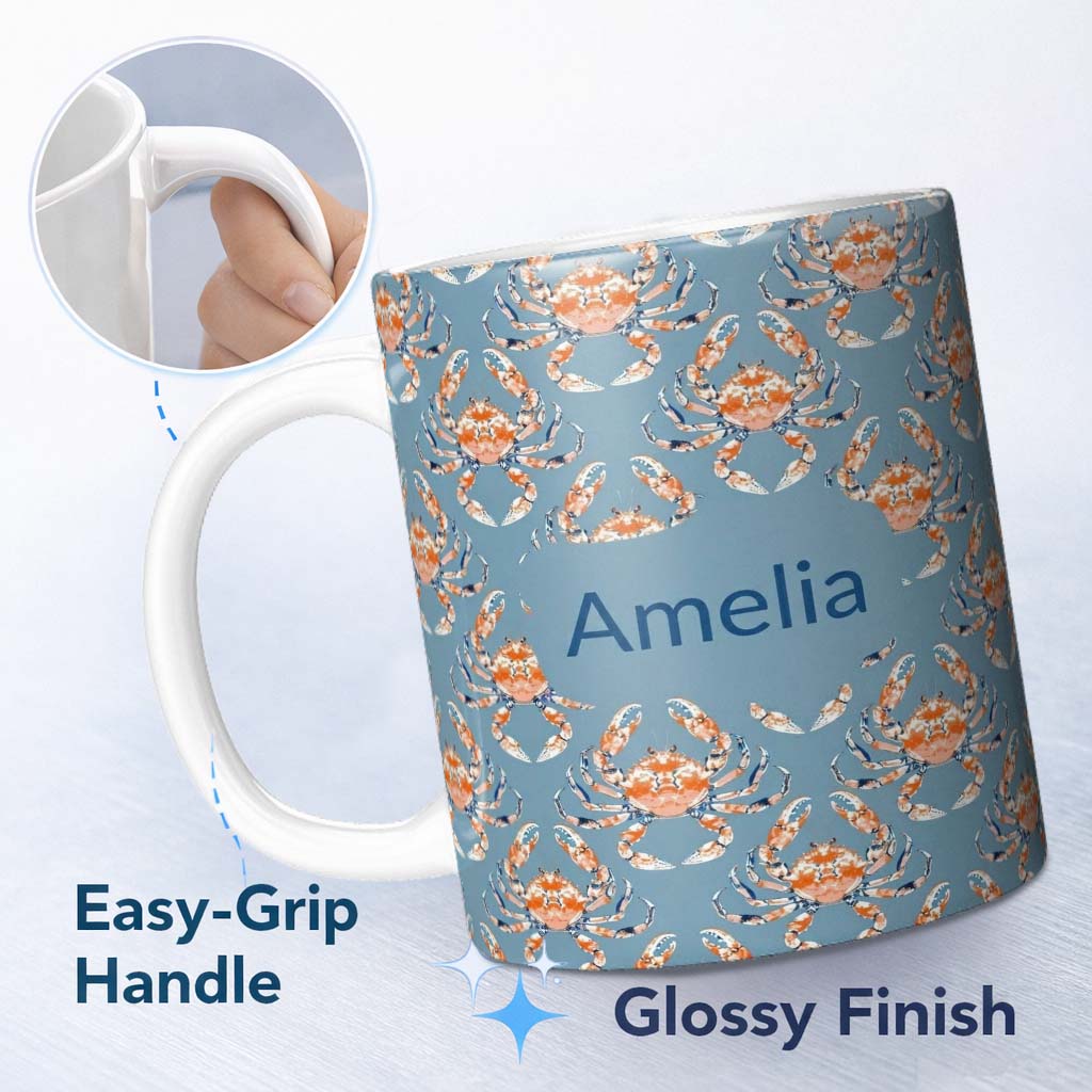 Personalized Custom Name Orange Crab Ocean Marine Life Seamless Pattern Coastal Design Name 11oz Ceramic Coffee Tea Mug White Large Handle