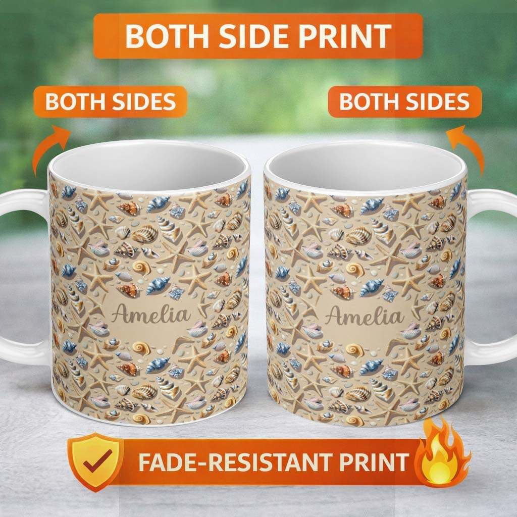 Personalized Custom Name Seashells and Starfish Beach Seamless Pattern Coastal Ocean Design 11oz Ceramic Coffee Tea Mug White Large Handle