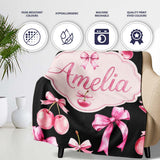 Watercolor Pink Cherry Ribbon Bow Seamless Pattern Light Grey Lovely  Personalised Custom Name Super Soft Fleece Blanket Bed Sofa Throw