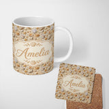 Personalized Custom Name Seashell Starfish Sandy Beach Seamless Pattern Coastal Ocean 11oz Ceramic Coffee Tea Mug White Large Handle