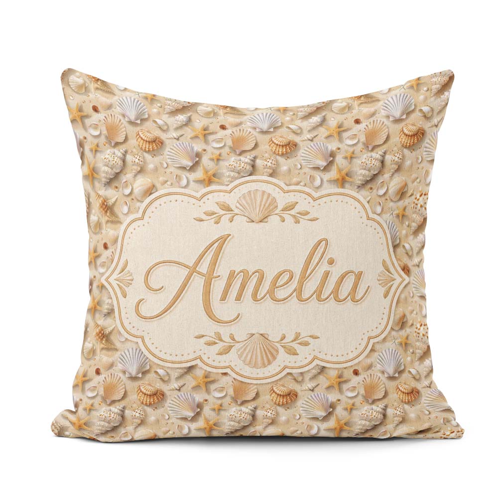 Custom Name Seashell Starfish Sandy Beach Seamless Pattern Ocean Square Filled Cushion Throw Pillow Sofa Bed Home Decor Zip Washable UK Made
