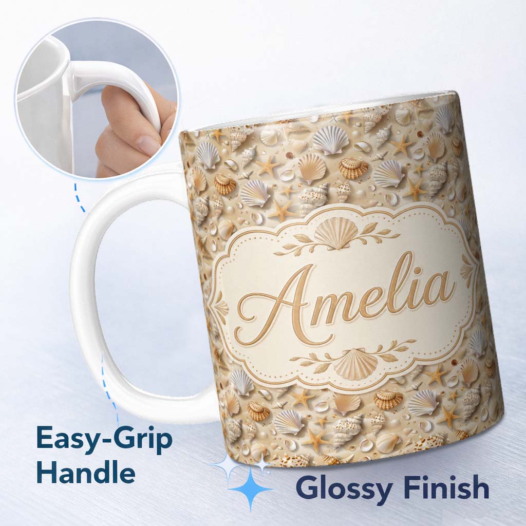 Personalized Custom Name Seashell Starfish Sandy Beach Seamless Pattern Coastal Ocean 11oz Ceramic Coffee Tea Mug White Large Handle