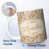 Personalized Custom Name Seashell Starfish Sandy Beach Seamless Pattern Coastal Ocean 11oz Ceramic Coffee Tea Mug White Large Handle