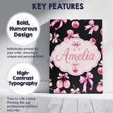 Personalised Name Watercolor Pink Cherry Ribbon Bow Seamless Pattern Custom  Home Canvas Wall Art Print Decor Picture Ready to Hang