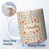 Personalized Custom Name Colorful Seashell Starfish Ocean Seamless Pattern Vibrant Coastal 11oz Ceramic Coffee Tea Mug White Large Handle