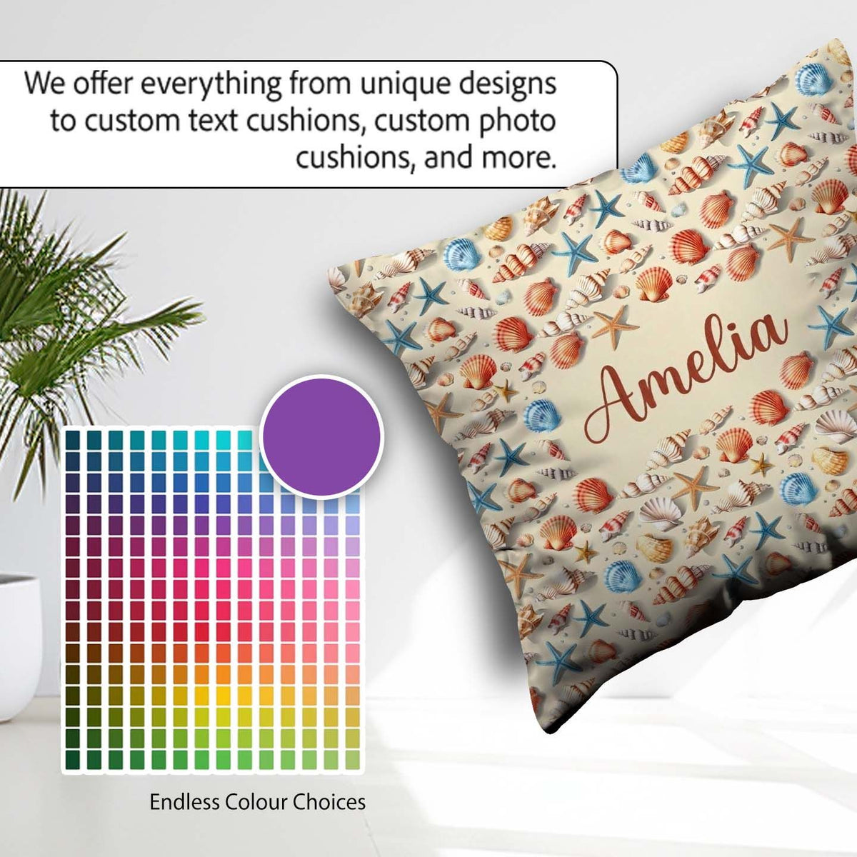 Custom Name Colorful Seashell Starfish Seamless Pattern Vibrant Square Filled Cushion Throw Pillow Sofa Bed Home Decor Zip Washable UK Made