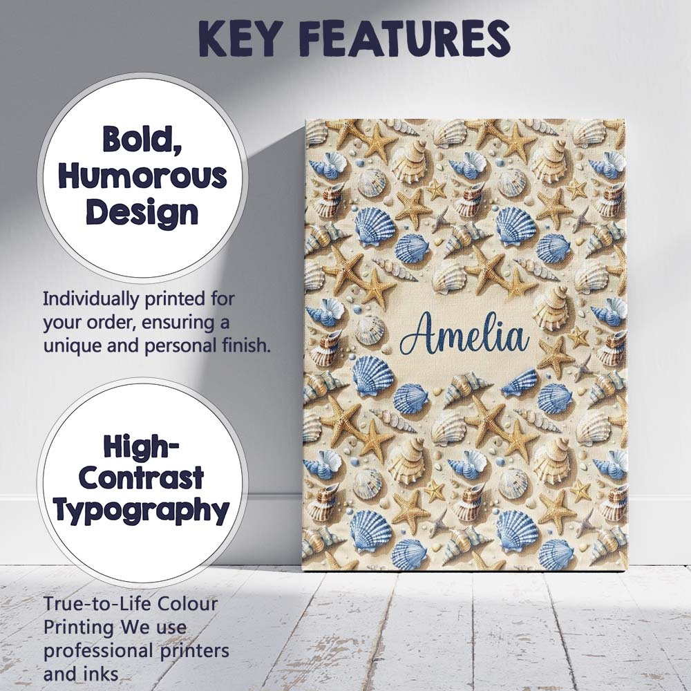 Personalised Name Blue Beige Seashell Custom Modern Room Accent Creative Decorator Style Canvas Wall Art Print Decor Picture Ready to Hang