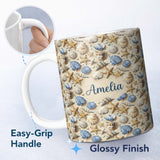 Personalized Custom Name Blue Beige Seashell Starfish Sand Seamless Pattern Coastal Natural 11oz Ceramic Coffee Tea Mug White Large Handle