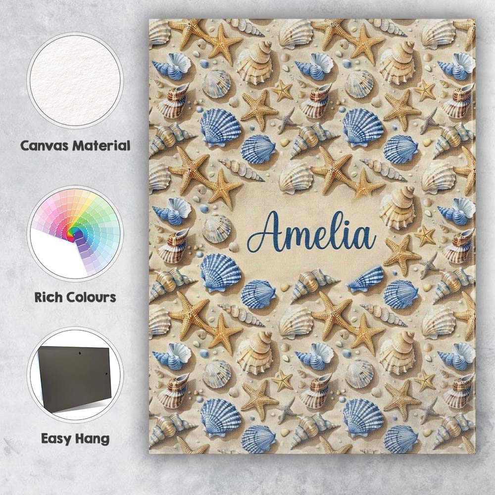 Personalised Name Blue Beige Seashell Custom Modern Room Accent Creative Decorator Style Canvas Wall Art Print Decor Picture Ready to Hang