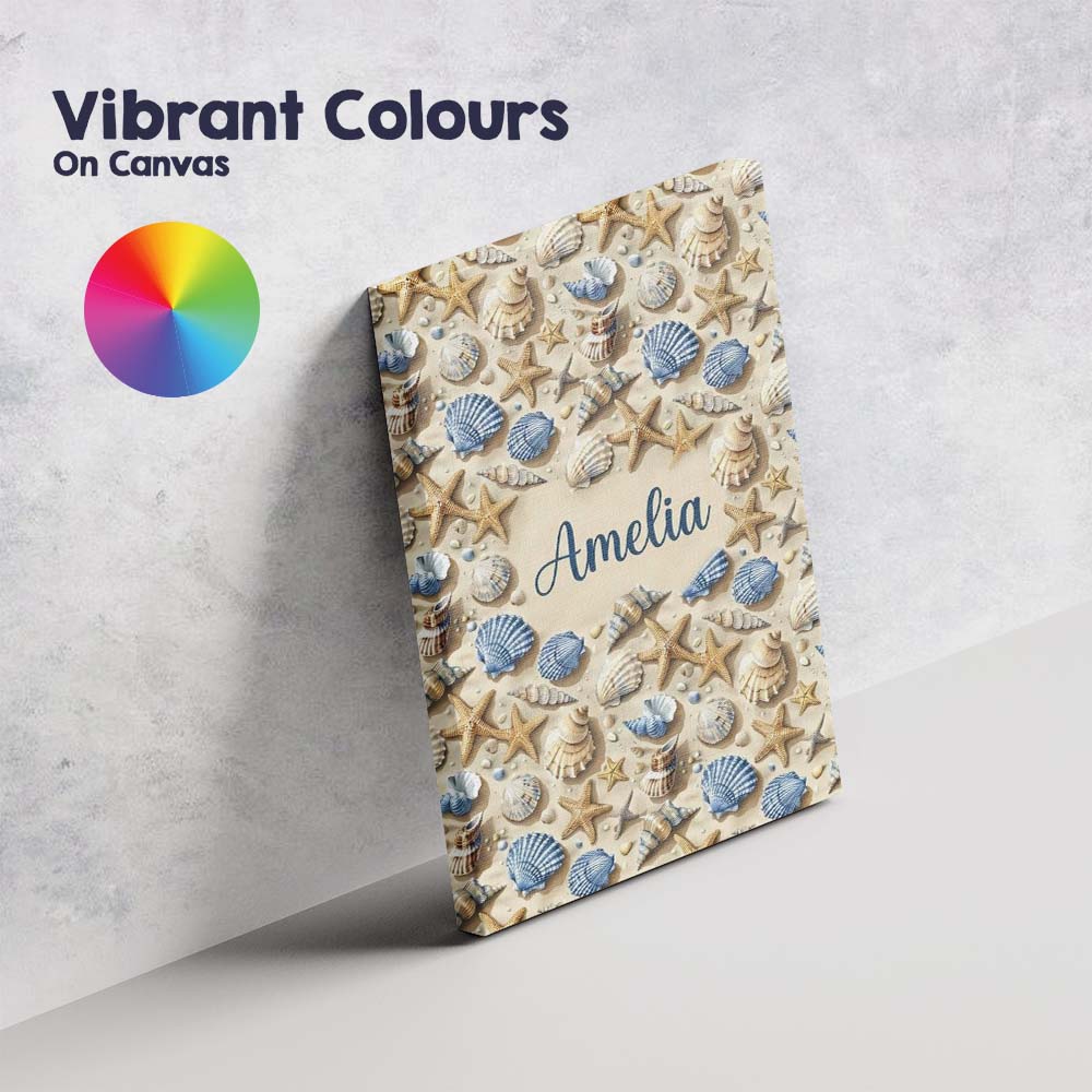 Personalised Name Blue Beige Seashell Custom Modern Room Accent Creative Decorator Style Canvas Wall Art Print Decor Picture Ready to Hang