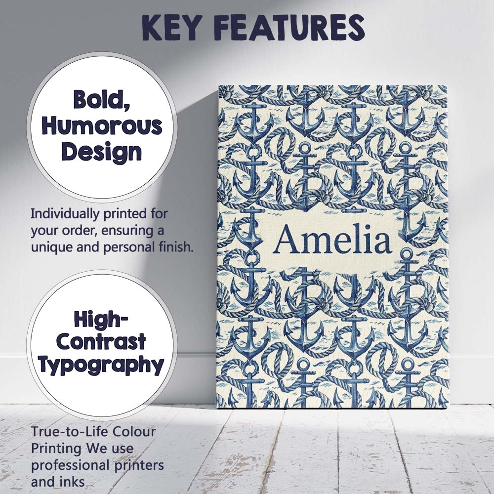 Personalised Name Nautical Anchor Rope Custom  Modern Room Accent Elegant Feature Canvas Wall Art Print Decor Picture Ready to Hang