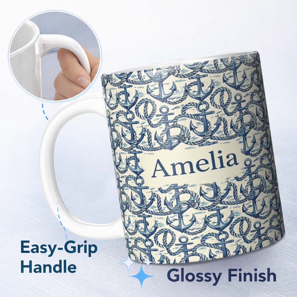 Personalized Custom Name Nautical Anchor Rope Seamless Pattern Classic Marine Ocean Theme 11oz Ceramic Coffee Tea Mug White Large Handle