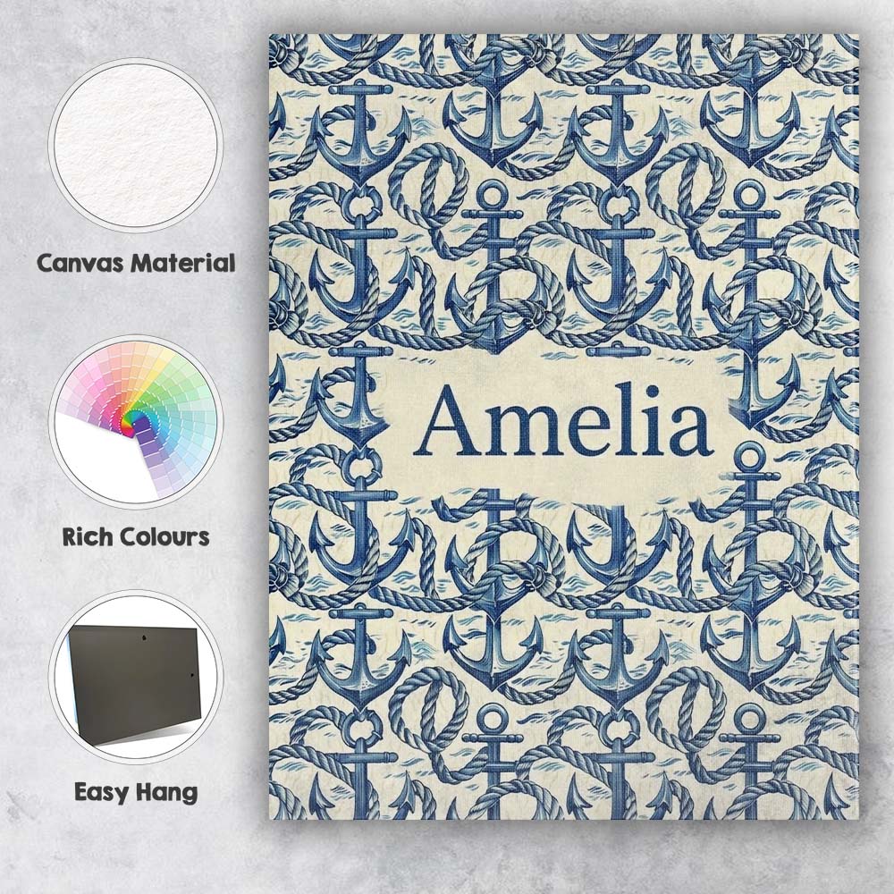 Personalised Name Nautical Anchor Rope Custom  Modern Room Accent Elegant Feature Canvas Wall Art Print Decor Picture Ready to Hang