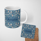 Personalized Custom Name Lighthouse Sailboat Ocean Waves Seamless Pattern Vintage Coastal 11oz Ceramic Coffee Tea Mug White Large Handle