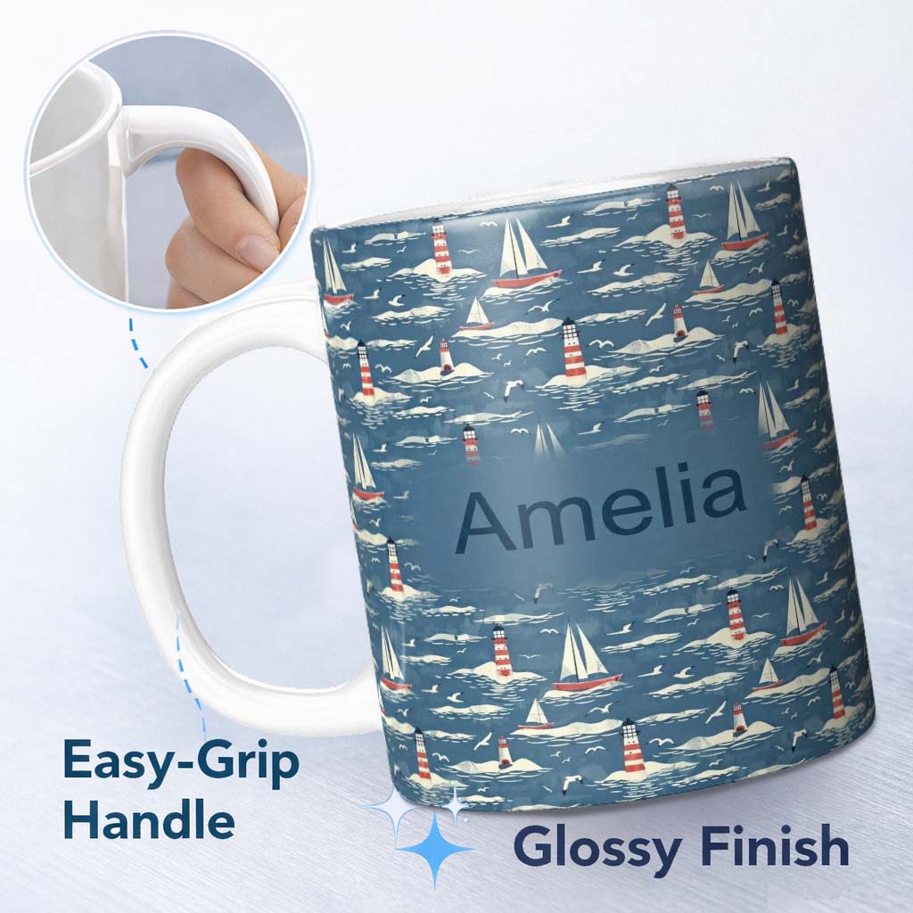Personalized Custom Name Lighthouse Sailboat Ocean Waves Seamless Pattern Vintage Coastal 11oz Ceramic Coffee Tea Mug White Large Handle