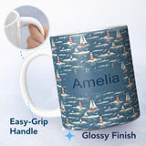 Personalized Custom Name Lighthouse Sailboat Ocean Waves Seamless Pattern Vintage Coastal 11oz Ceramic Coffee Tea Mug White Large Handle