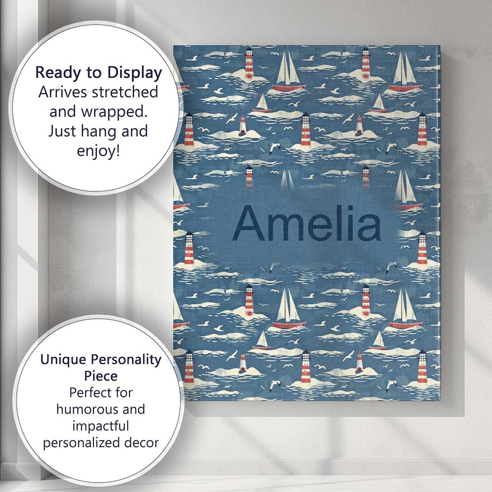 Personalised Name Lighthouse Sailboat Ocean Custom  Bespoke Interior Contemporary Canvas Wall Art Print Decor Picture Ready to Hang