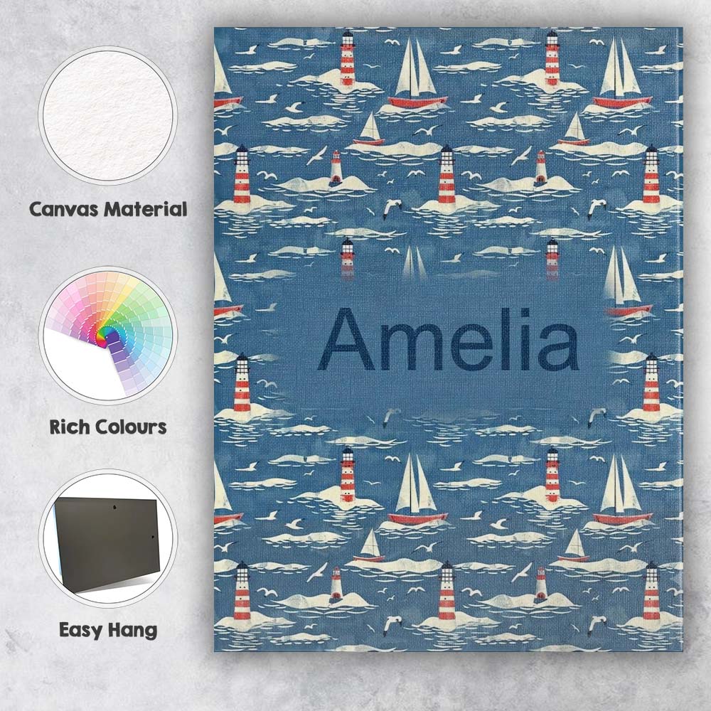 Personalised Name Lighthouse Sailboat Ocean Custom  Bespoke Interior Contemporary Canvas Wall Art Print Decor Picture Ready to Hang