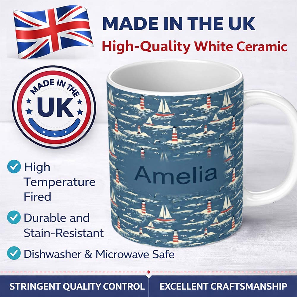 Personalized Custom Name Lighthouse Sailboat Ocean Waves Seamless Pattern Vintage Coastal 11oz Ceramic Coffee Tea Mug White Large Handle