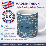 Personalized Custom Name Lighthouse Sailboat Ocean Waves Seamless Pattern Vintage Coastal 11oz Ceramic Coffee Tea Mug White Large Handle