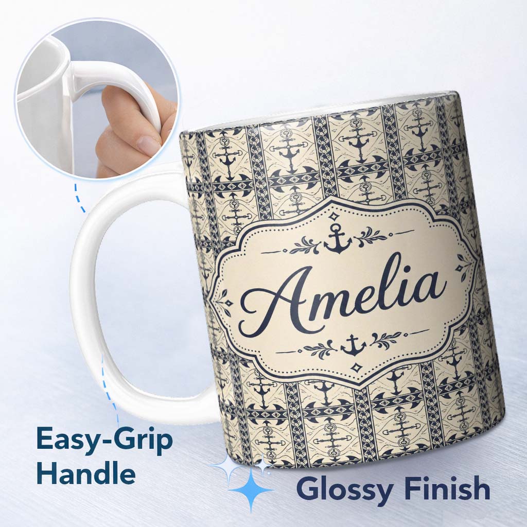 Personalized Custom Name Nautical Anchor Stripe Seamless Pattern Classic Marine Vintage 11oz Ceramic Coffee Tea Mug White Large Handle