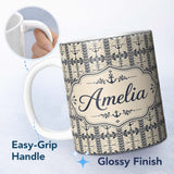 Personalized Custom Name Nautical Anchor Stripe Seamless Pattern Classic Marine Vintage 11oz Ceramic Coffee Tea Mug White Large Handle