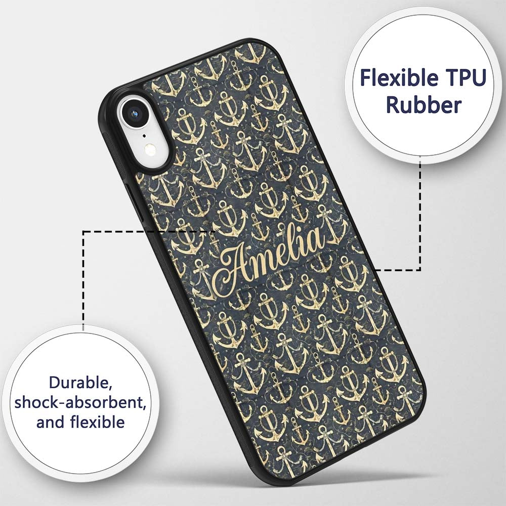 Vintage Anchor Rope Maritime Seamless Pattern Custom Name Protective Phone Case Mobile Cover Durable Everyday Smartphone Shock Resistant