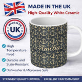 Personalized Custom Name Vintage Anchor Rope Maritime Seamless Pattern Rustic Nautical 11oz Ceramic Coffee Tea Mug White Large Handle