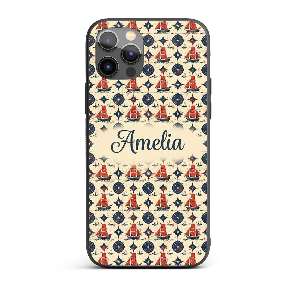 Red Sailboat Compass Seamless Pattern Vintage Custom Name Protective Phone Case Mobile Cover Durable Everyday Smartphone Shock Resistant
