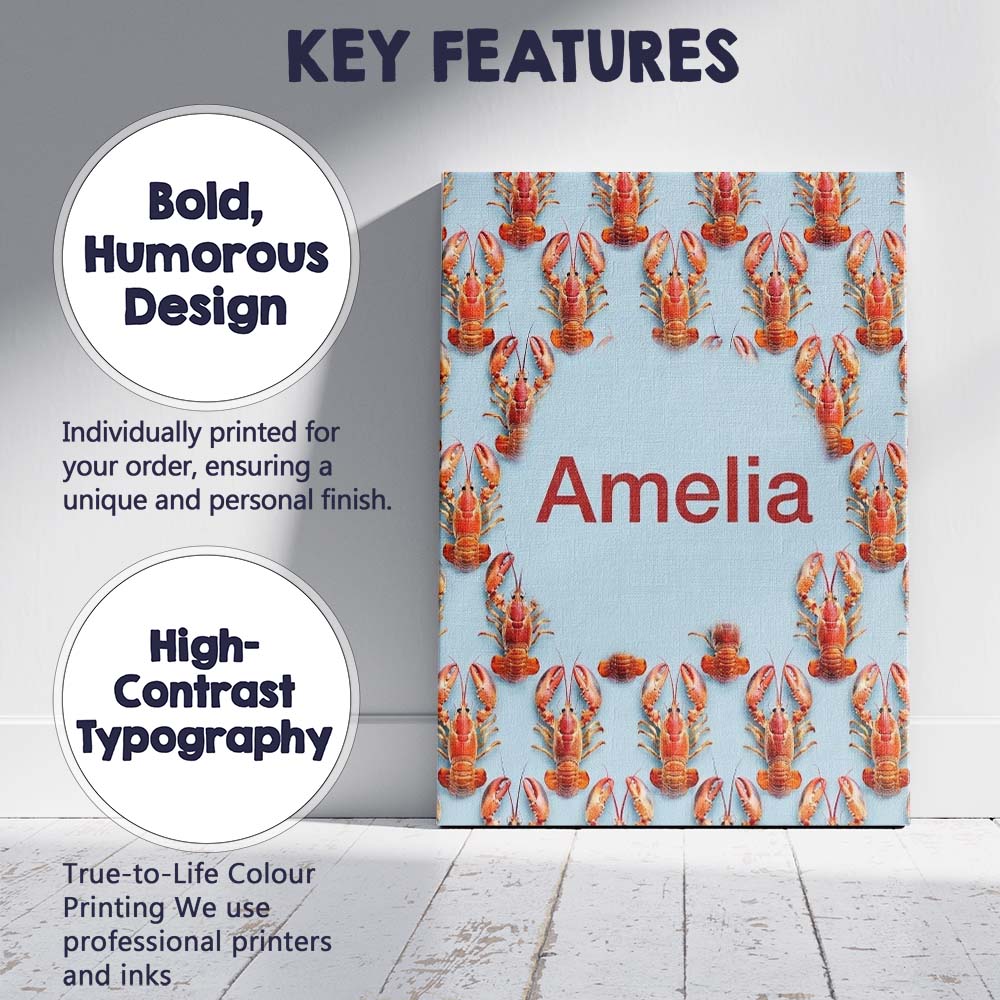 Personalised Name Realistic Lobster Seamless Custom Bespoke  Contemporary Display Canvas Wall Art Print Decor Picture Ready to Hang