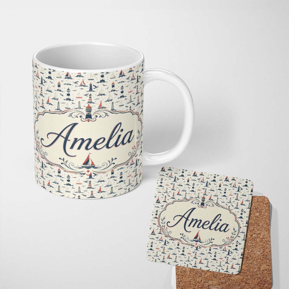 Personalized Custom Name Lighthouse Sailboat Seagull Seamless Pattern Coastal Nautical Scene 11oz Ceramic Coffee Tea Mug White Large Handle