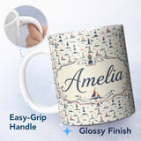 Personalized Custom Name Lighthouse Sailboat Seagull Seamless Pattern Coastal Nautical Scene 11oz Ceramic Coffee Tea Mug White Large Handle