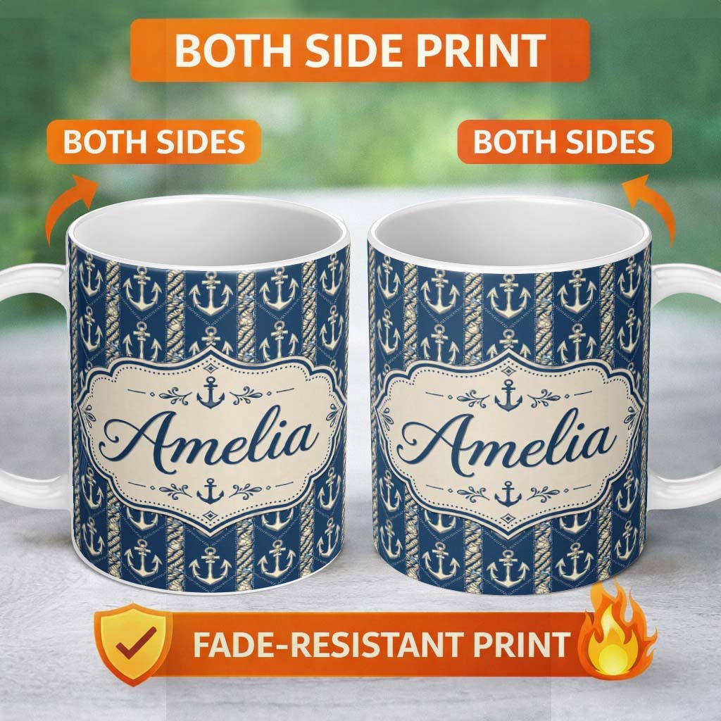 Personalized Custom Name Nautical Anchor Rope Stripe Seamless Pattern Classic Marine Ocean 11oz Ceramic Coffee Tea Mug White Large Handle
