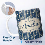 Personalized Custom Name Nautical Anchor Rope Stripe Seamless Pattern Classic Marine Ocean 11oz Ceramic Coffee Tea Mug White Large Handle