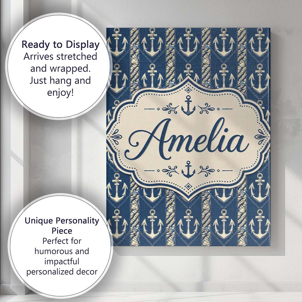 Personalised Name Nautical Anchor Rope Custom  Modern Room Accent Elegant Feature Canvas Wall Art Print Decor Picture Ready to Hang