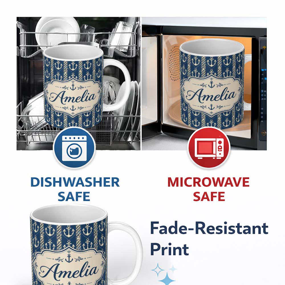 Personalized Custom Name Nautical Anchor Rope Stripe Seamless Pattern Classic Marine Ocean 11oz Ceramic Coffee Tea Mug White Large Handle