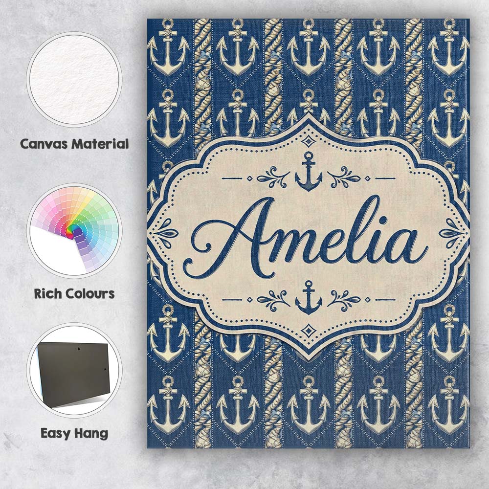 Personalised Name Nautical Anchor Rope Custom  Modern Room Accent Elegant Feature Canvas Wall Art Print Decor Picture Ready to Hang