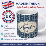 Personalized Custom Name Nautical Anchor Rope Stripe Seamless Pattern Classic Marine Ocean 11oz Ceramic Coffee Tea Mug White Large Handle