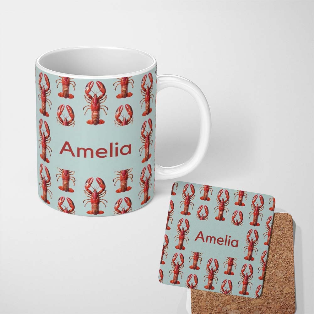 Personalized Custom Name Realistic Red Lobster Seafood Seamless Pattern Marine Ocean Food 11oz Ceramic Coffee Tea Mug White Large Handle