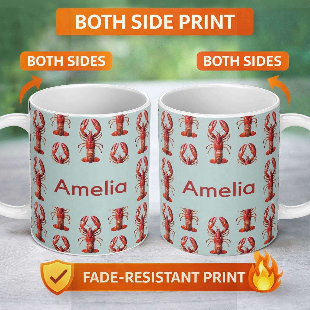 Personalized Custom Name Realistic Red Lobster Seafood Seamless Pattern Marine Ocean Food 11oz Ceramic Coffee Tea Mug White Large Handle