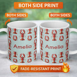 Personalized Custom Name Realistic Red Lobster Seafood Seamless Pattern Marine Ocean Food 11oz Ceramic Coffee Tea Mug White Large Handle