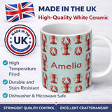 Personalized Custom Name Realistic Red Lobster Seafood Seamless Pattern Marine Ocean Food 11oz Ceramic Coffee Tea Mug White Large Handle