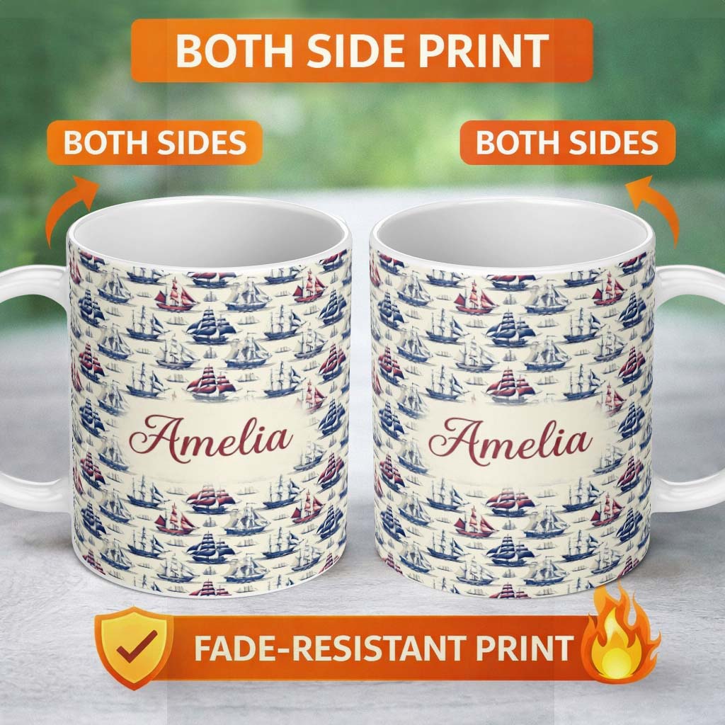 Personalized Custom Name Vintage Sailing Ships Ocean Seamless Pattern Classic Nautical 11oz Ceramic Coffee Tea Mug White Large Handle