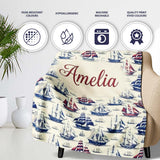 Vintage Sailing Ships Ocean Seamless Pattern Classic Nautical  Personalised Custom Name Super Soft Fleece Blanket Bed Sofa Throw