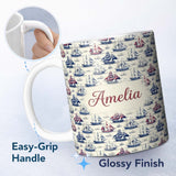 Personalized Custom Name Vintage Sailing Ships Ocean Seamless Pattern Classic Nautical 11oz Ceramic Coffee Tea Mug White Large Handle